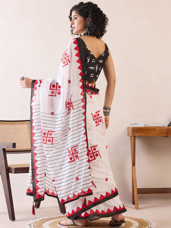 Saree Mall Women's Cotton White Printed Ready To Wear With Blouse Piece-RTWMINAXI7602