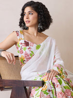 Saree Mall Women's Cotton White Printed Ready To Wear With Blouse Piece-RTWMINAXI7603