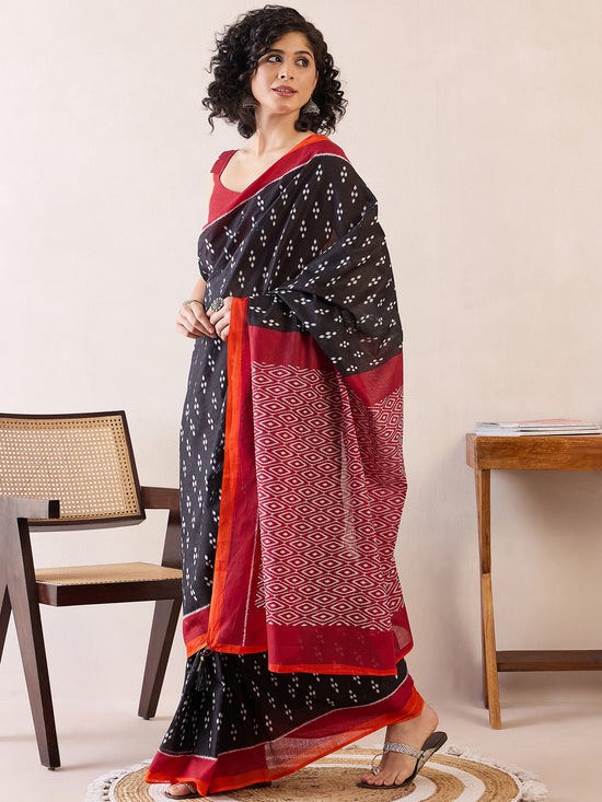 Saree Mall Women's Cotton Black Printed Ready To Wear With Blouse Piece-RTWMINAXI7605