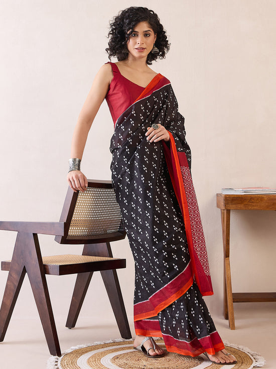 Saree Mall Women's Cotton Black Printed Ready To Wear With Blouse Piece-RTWMINAXI7605