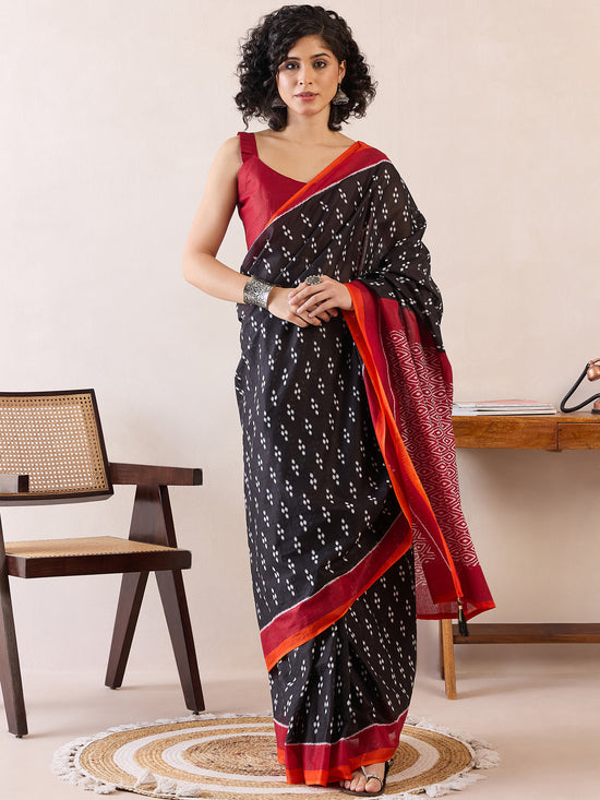 Saree Mall Women's Cotton Black Printed Ready To Wear With Blouse Piece-RTWMINAXI7605