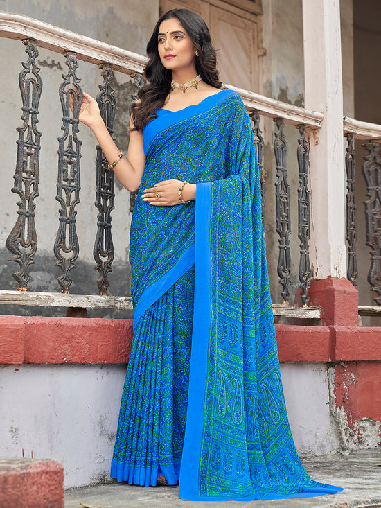 Saree Mall Women's Chiffon Blue Printed Designer Saree With Blouse Piece-RUCHI21401D