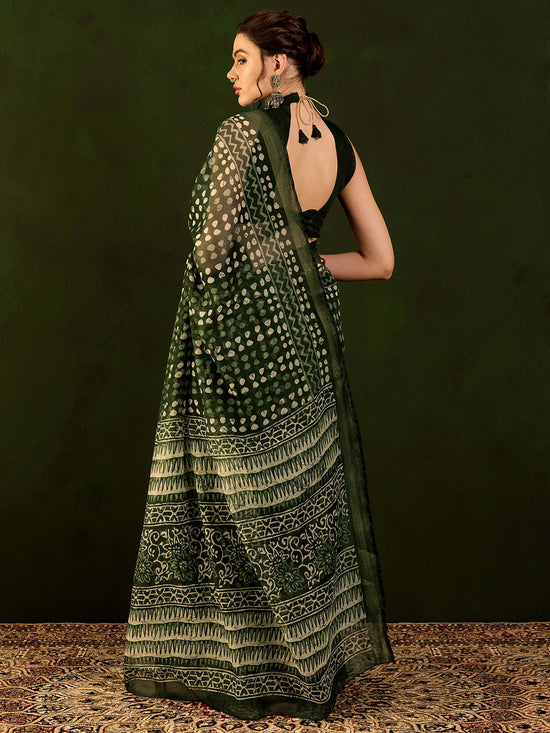 Saree Mall Women's Cotton Linen Green Printed Designer Saree With Blouse Piece-RYLGLD01B