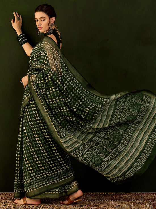 Saree Mall Women's Cotton Linen Green Printed Designer Saree With Blouse Piece-RYLGLD01B