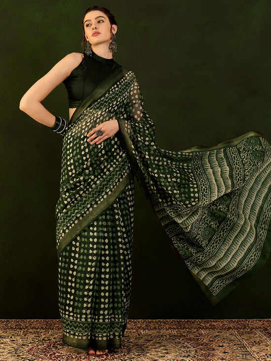 Saree Mall Women's Cotton Linen Green Printed Designer Saree With Blouse Piece-RYLGLD01B