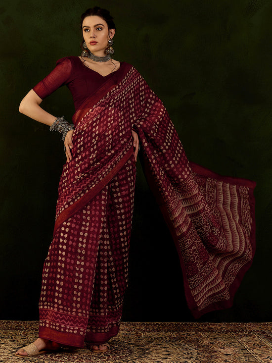 Saree Mall Women's Cotton Linen Maroon Printed Designer Saree With Blouse Piece-RYLGLD01C