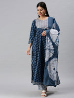 Women Anarkali Blue Printed Kurta and Trousers-RZ89-Blue