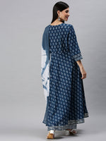 Women Anarkali Blue Printed Kurta and Trousers-RZ89-Blue