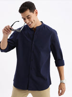 Men Mandarin Collar Solid Slim Fit Navy Blue Shirt-Recy-2767-Navyblue