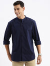 Men Mandarin Collar Solid Slim Fit Navy Blue Shirt-Recy-2767-Navyblue