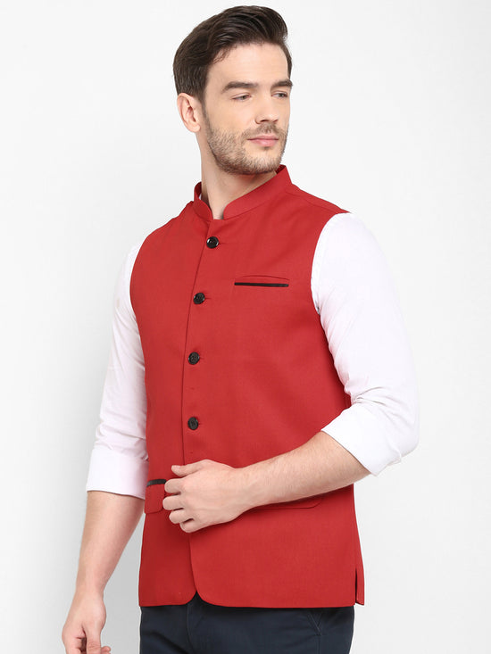 Hangup Men Standard Solid Men's Indian Wear-Red_Jute_Nehru