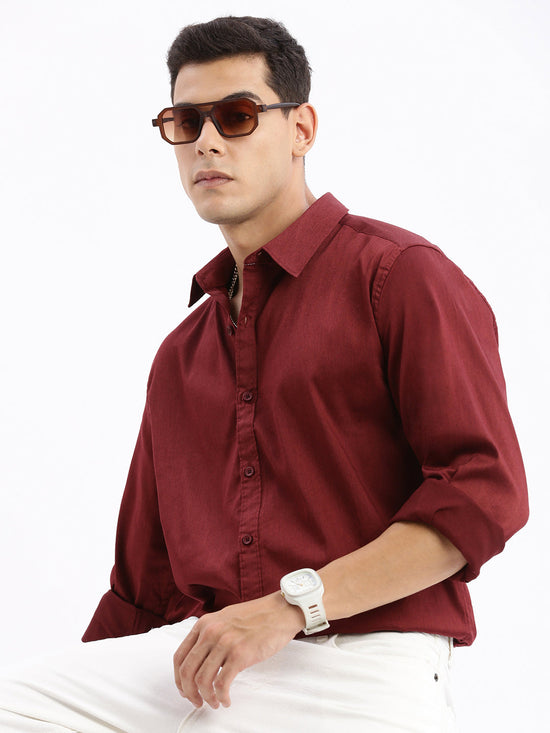 Men Spread Collar Solid Slim Fit Maroon Shirt-Rippon-2730-Maroon