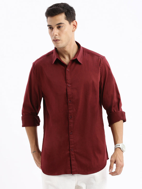 Men Spread Collar Solid Slim Fit Maroon Shirt-Rippon-2730-Maroon