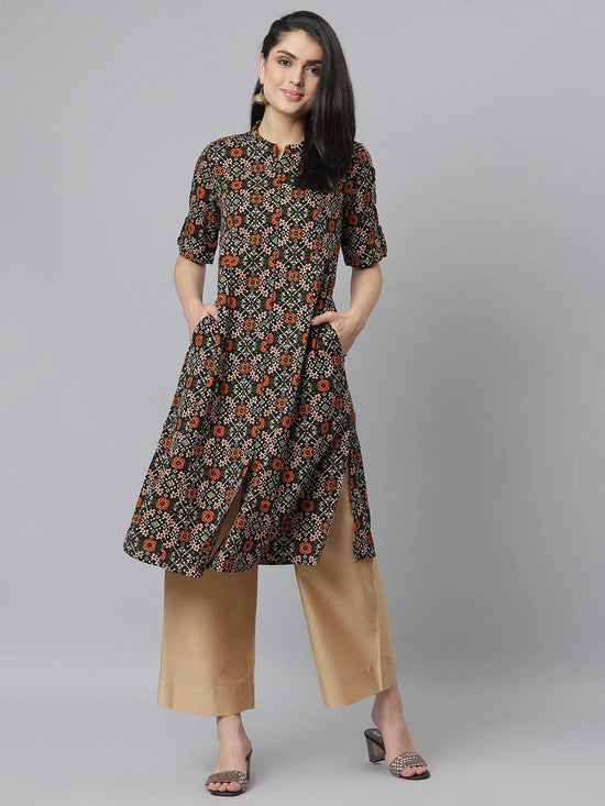 Women's Printed Rayon A-Line Kurta-Roliblack-S