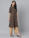 Women's Printed Rayon A-Line Kurta-Roliblack-S