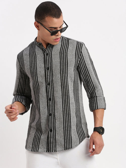 Men Mandarin Collar Vertical Stripes Grey Shirt-Ron-2521-Grey