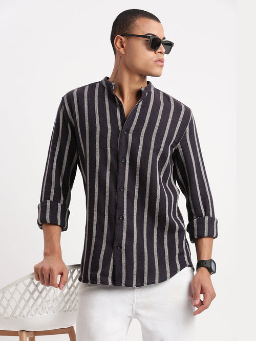 Men Mandarin Collar Vertical Stripes Navy Blue Shirt-Ron-2527-Navyblue