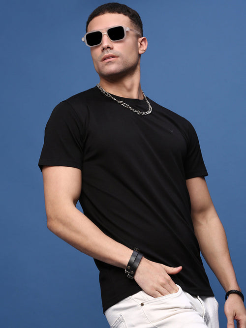 Men Black Slim Fit T Shirt-Round-HS-Black