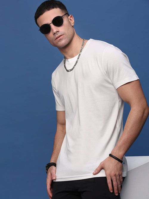 Men White Slim Fit T Shirt-Round-HS-White