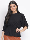 Black Smocking Women Linen Blend Top