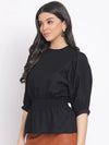 Black Smocking Women Linen Blend Top