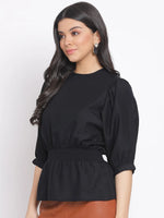 Black Smocking Women Linen Blend Top