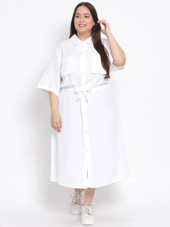 Basic White Plus Size Midi Shirt Linen Blend Dress