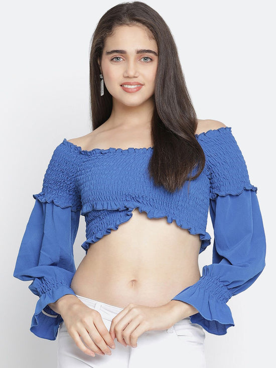 F ancy Bossy blue smocked women off-shoulder crop top