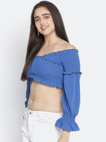 F ancy Bossy blue smocked women off-shoulder crop top