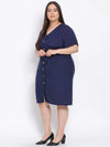 Navy Basic Button Plus Size Midi Linen Blend Dress