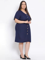 Navy Basic Button Plus Size Midi Linen Blend Dress