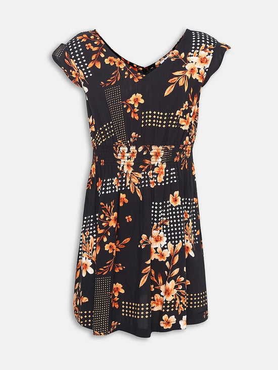 Black Floral Print Girl's Fit & Flare Dress