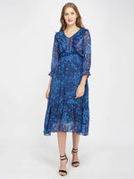 Blue Floral Print Women's Midi Dress