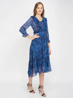 Blue Floral Print Women's Midi Dress