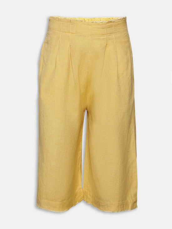 Mango Yellow Solid Linen Blend Girl's Pants