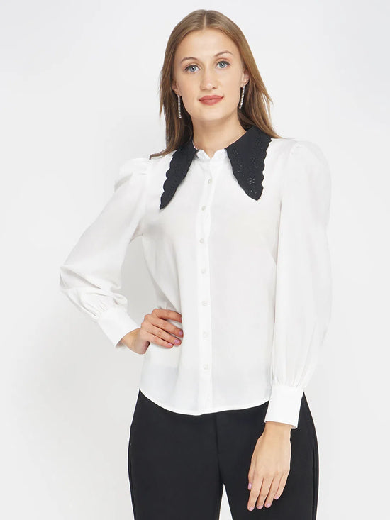 White Contrast Emb Collar Women's Shirt