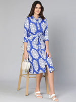 Brash blue printed button-down women dress