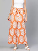 Orange colored printed elasticated women tie -knot pant