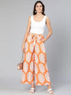 Orange colored printed elasticated women tie -knot pant