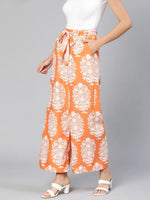 Orange colored printed elasticated women tie -knot pant