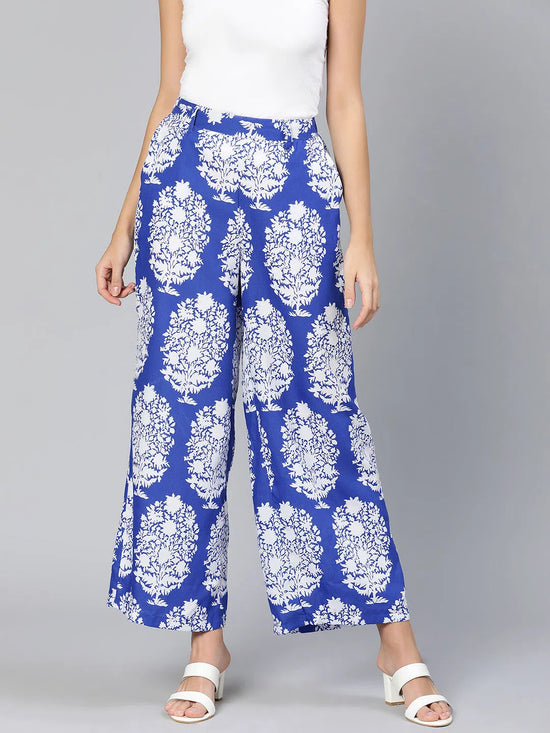 Booming blue tropicalm print elasticated women pant