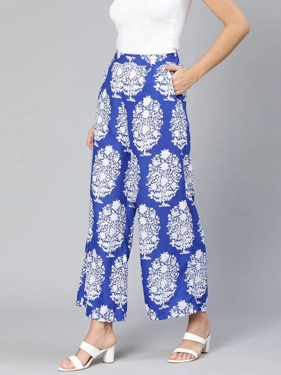 Booming blue tropicalm print elasticated women pant