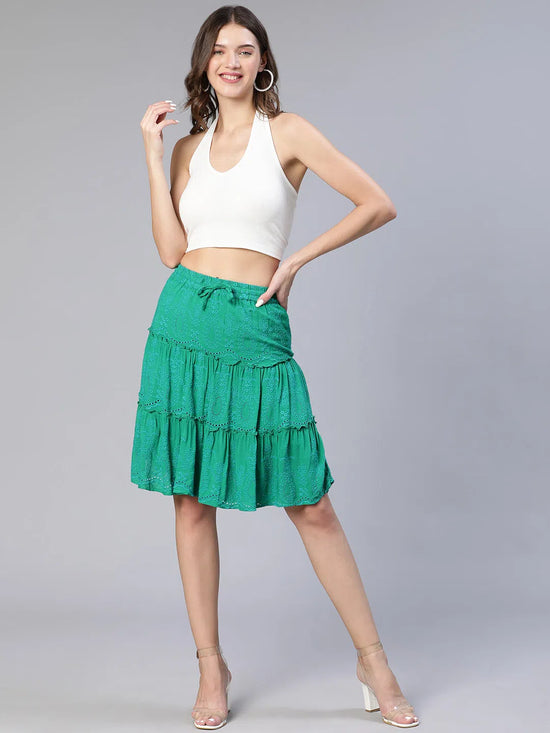 Glories green schiffli designed elasticated women skirt