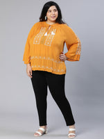 Strikey Mustard Embroidered Plus Size Women Top