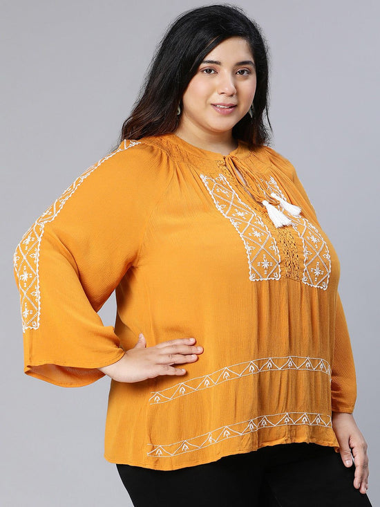 Strikey Mustard Embroidered Plus Size Women Top