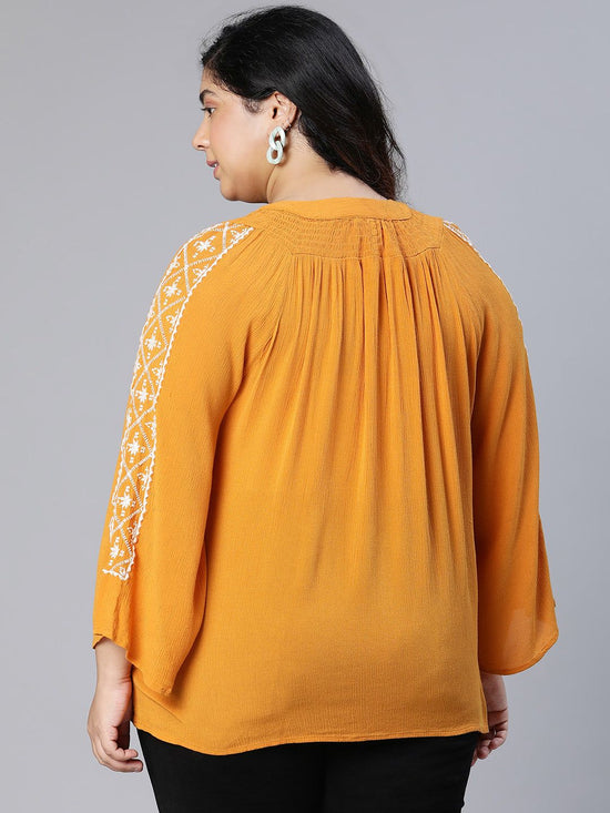 Strikey Mustard Embroidered Plus Size Women Top