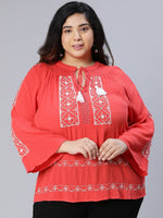 Romed Red Embroidered Plus Size Women Top