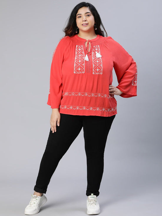 Romed Red Embroidered Plus Size Women Top