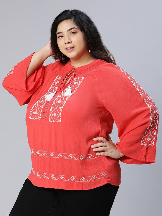 Romed Red Embroidered Plus Size Women Top