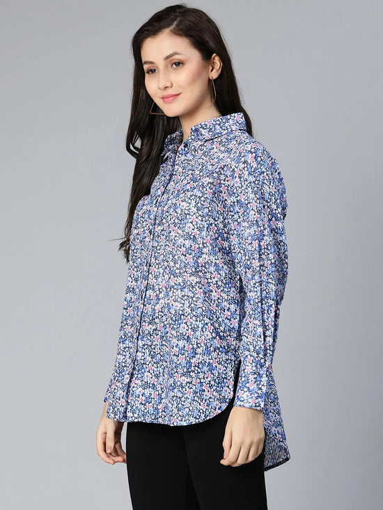 Wholly blue floral printed women formal shirt